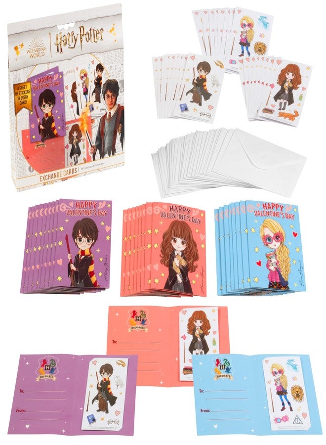 Harry Potter Valentines Day Cards with Stickers for Kids, 28 Card Pack & Envelopes - Harry, Hermione & Luna Anime Characters - School Classroom Parties for Boys & Girls 4+ - Officially Licensed - Image 1